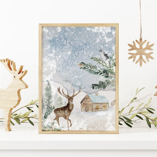 Watercolor Deer in Winter Forest Christmas Poster
