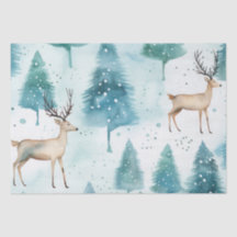 Watercolor Deer In Winter Forest Christmas