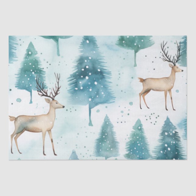 Watercolor Deer In Winter Forest Christmas Tissue Paper (Front)