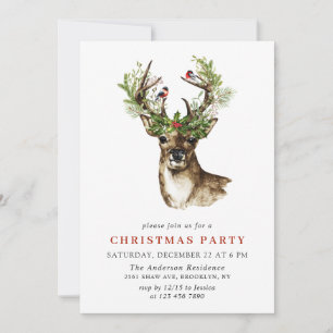 Watercolor Deer Mistletoe Wreath Christmas Party Invitation