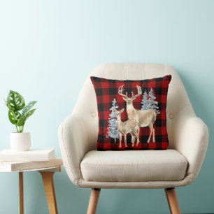 Watercolor Deer On Buffalo Plaid Cushion