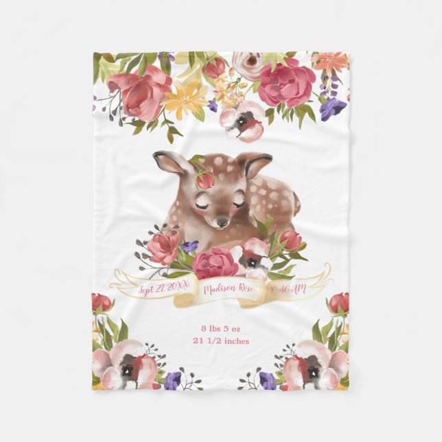 Watercolor Deer Personalised Birth Fleece Blanket (Front)