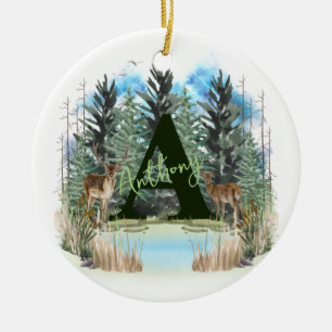Watercolor Deer Personalised Monogram Letter A Ceramic Tree Decoration