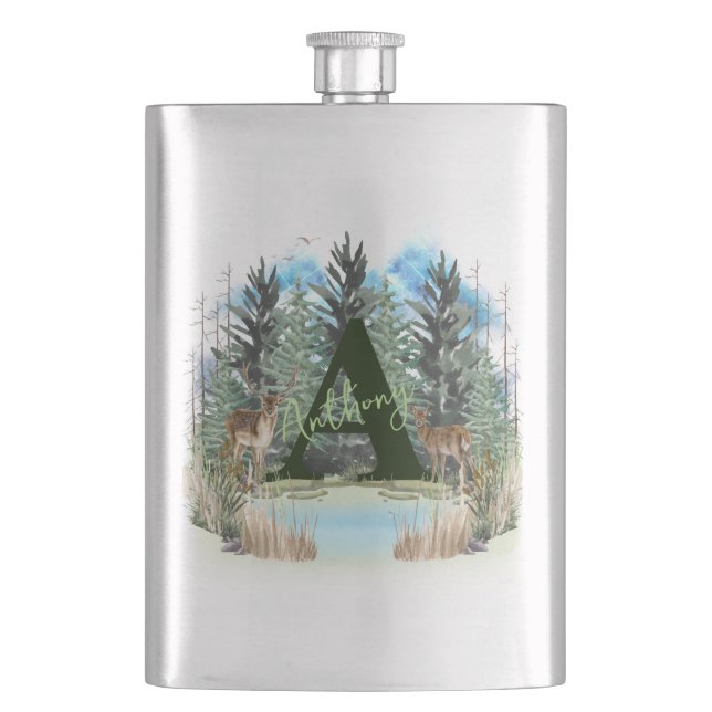 Watercolor Deer Personalised Monogram Letter A Hip Flask (Front)