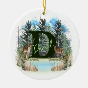 Watercolor Deer Personalised Monogram Letter D Ceramic Tree Decoration