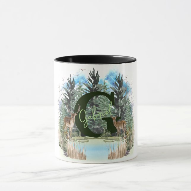Watercolor Deer Personalised Monogram Letter G Mug (Center)