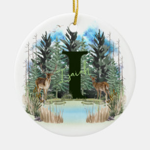 Watercolor Deer Personalised Monogram Letter I Ceramic Tree Decoration