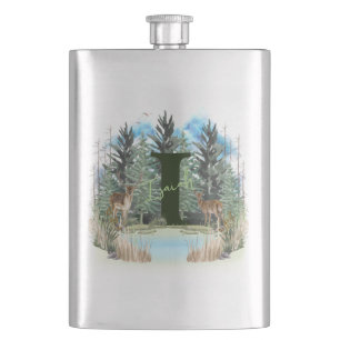 Watercolor Deer Personalised Monogram Letter I Hip Flask