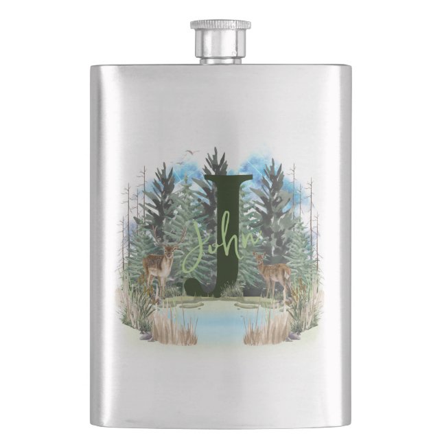 Watercolor Deer Personalised Monogram Letter J Hip Flask (Front)