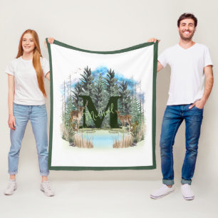 Watercolor Deer Personalised Monogram Letter M Fleece Blanket