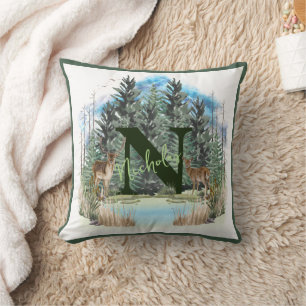 Watercolor Deer Personalised Monogram Letter N Cushion