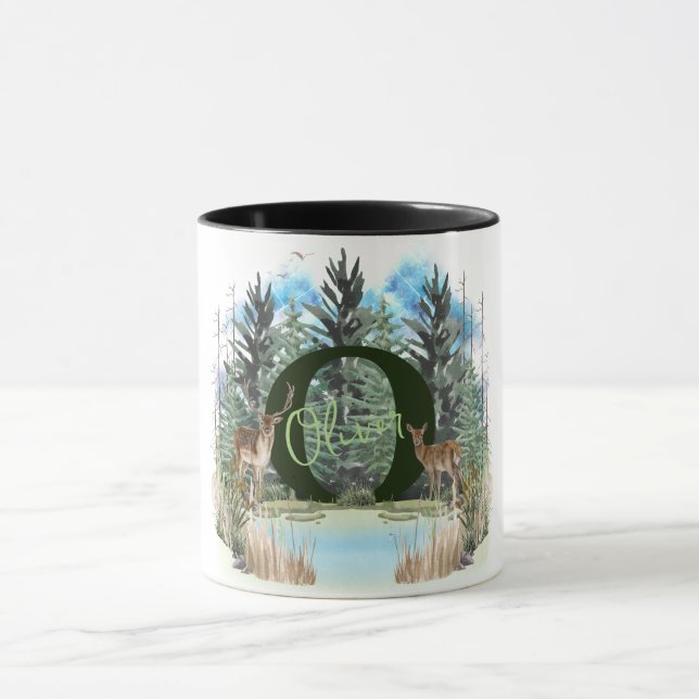 Watercolor Deer Personalised Monogram Letter O Mug (Center)