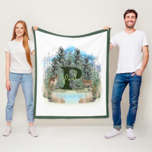 Watercolor Deer Personalised Monogram Letter P Fleece Blanket