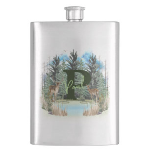 Watercolor Deer Personalised Monogram Letter P Hip Flask