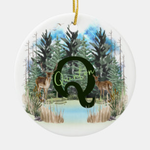 Watercolor Deer Personalised Monogram Letter Q Ceramic Tree Decoration