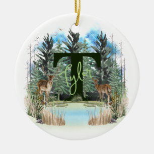 Watercolor Deer Personalised Monogram Letter T Ceramic Tree Decoration