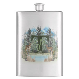 Watercolor Deer Personalised Monogram Letter T Hip Flask