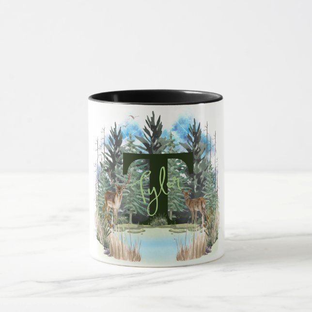 Watercolor Deer Personalised Monogram Letter T Mug (Center)