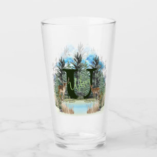 Watercolor Deer Personalised Monogram Letter U Glass