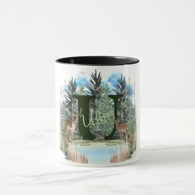 Watercolor Deer Personalised Monogram Letter U Mug (Center)