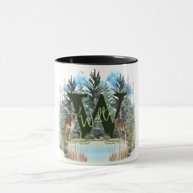 Watercolor Deer Personalised Monogram Letter W Mug (Center)