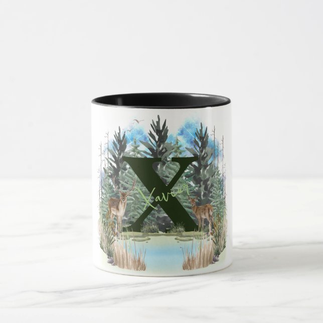 Watercolor Deer Personalised Monogram Letter X Mug (Center)