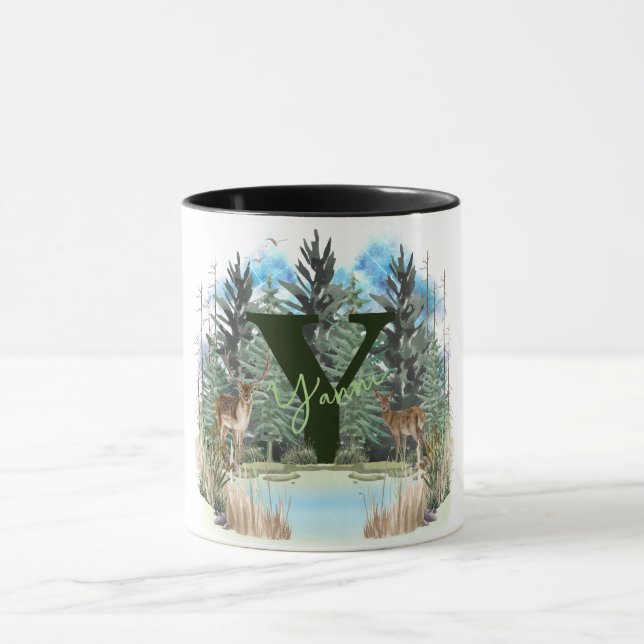 Watercolor Deer Personalised Monogram Letter Y Mug (Center)