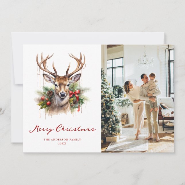 Watercolor Deer Pine Photo Merry Christmas Card (Front)