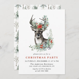 Watercolor Deer Poinsettia Wreath Christmas Party Invitation