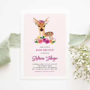 Watercolor Deer Purple Flowers Baby Brunch Invitation