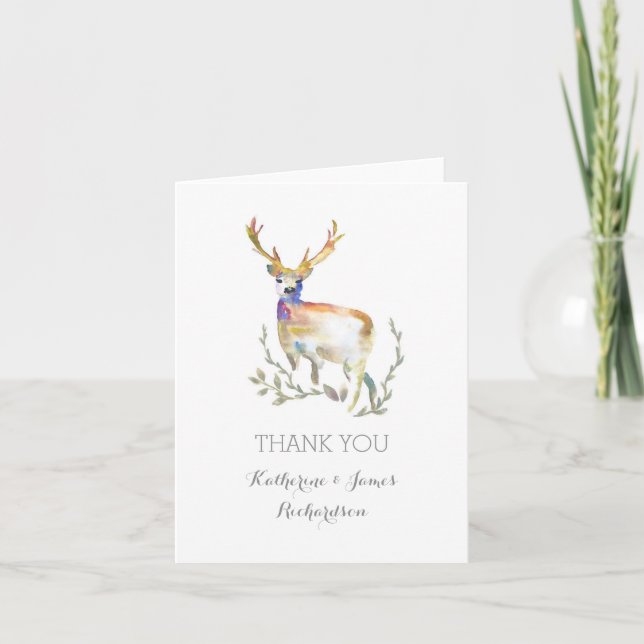 watercolor deer rustic woodland wedding thank you card (Front)