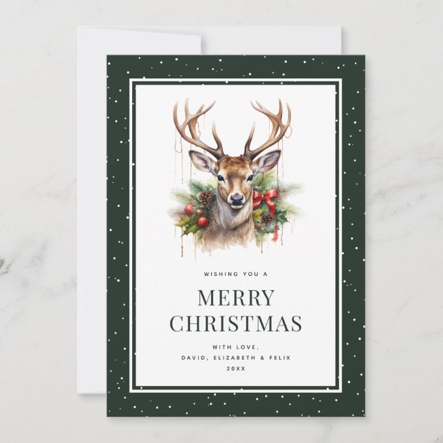 Watercolor Deer Snowy Green Merry Christmas Holiday Card (Front)