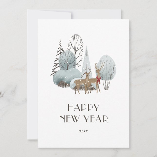 Watercolor Deer Snowy Winter Scene New Year Card (Front)