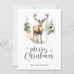Watercolor Deer Stag Calligraphy Merry Christmas Holiday Card