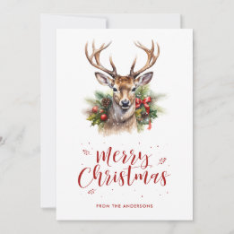 Watercolor Deer Stag Holly Snow Merry Christmas Holiday Card