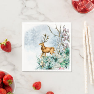 Watercolor Deer Stag Winter Floral Christmas Napkin