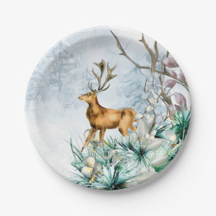 Watercolor Deer Stag Winter Floral Christmas Paper Plate