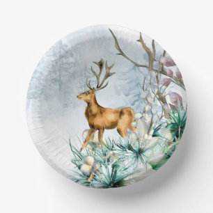 Watercolor Deer Stag Winter Floral Christmas Paper Plate