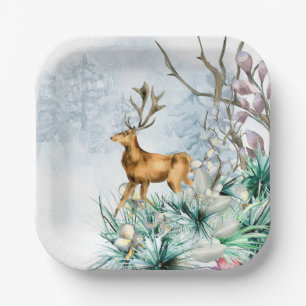 Watercolor Deer Stag Winter Floral Christmas Paper Plate