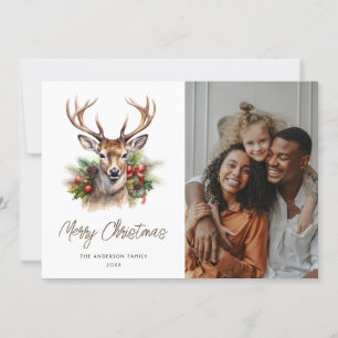 Watercolor Deer Winter Botanicals Photo Christmas Holiday Card