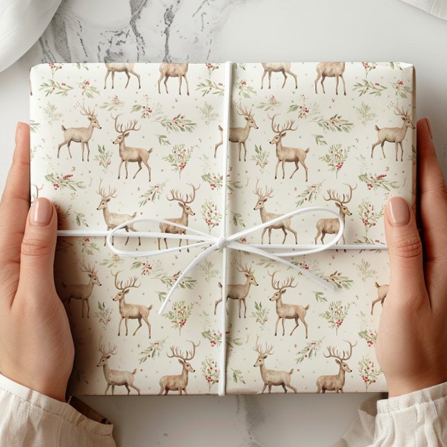 Watercolor Deer Winter Greenery Wrapping Paper (Creator Uploaded)