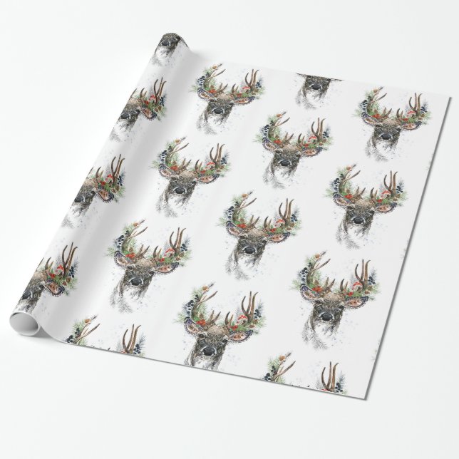 Watercolor Deer with Christmas Antlers Wrapping Paper (Unrolled)