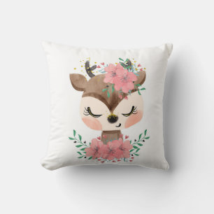 Watercolor Deer with Florals Throw Pillow