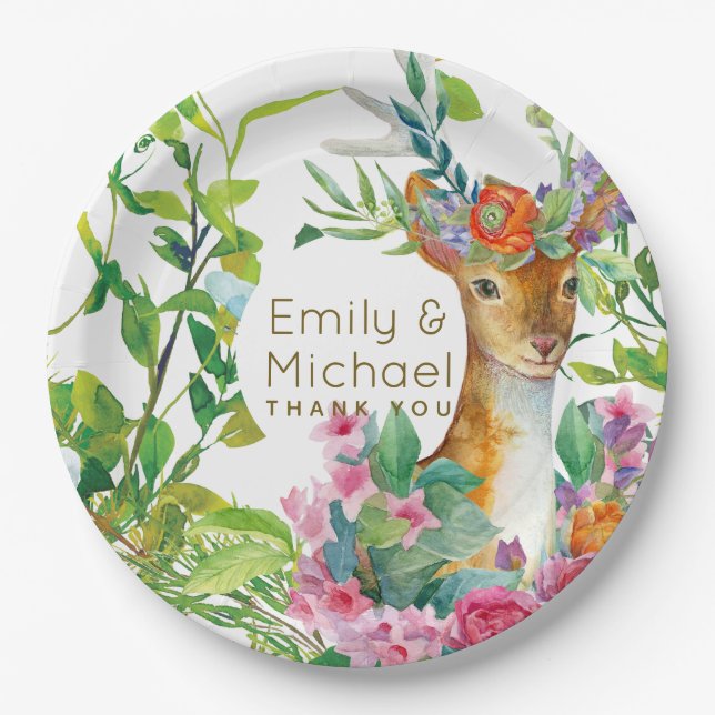 Watercolor Deer Woodland Greenery Party Supplies Paper Plate (Front)