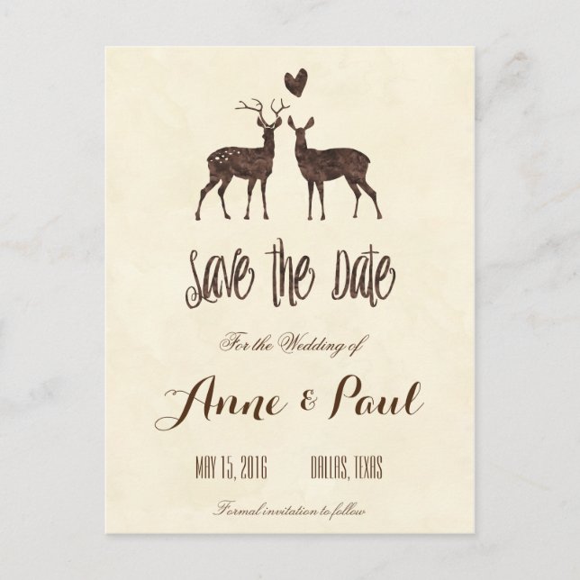 Watercolor Deers Save the Date Announcement Postcard (Front)