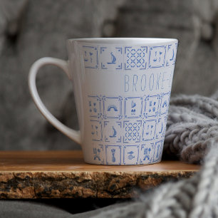 Watercolor Delft Blue and White Tile   Monogram Latte Mug