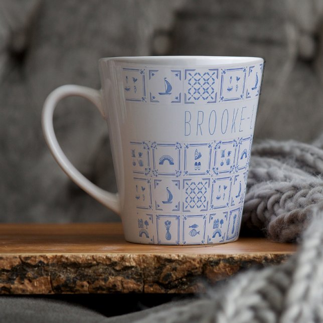 Watercolor Delft Blue and White Tile | Monogram Latte Mug (Creator Uploaded)