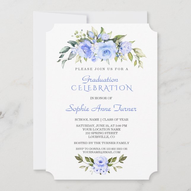Watercolor Delicate Blue Floral Graduation Party Invitation (Front)