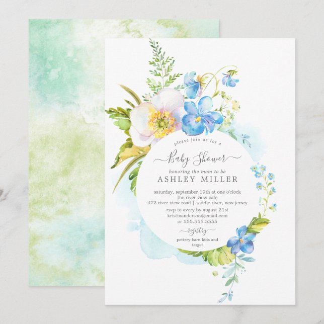 Watercolor Delicate Floral Baby Shower Invitation (Front/Back)