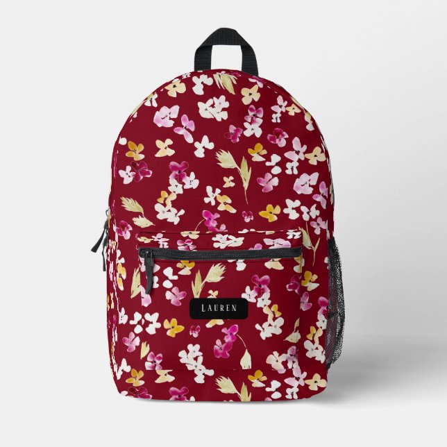 Watercolor delicate flowers burgundy red pattern printed backpack (Front)